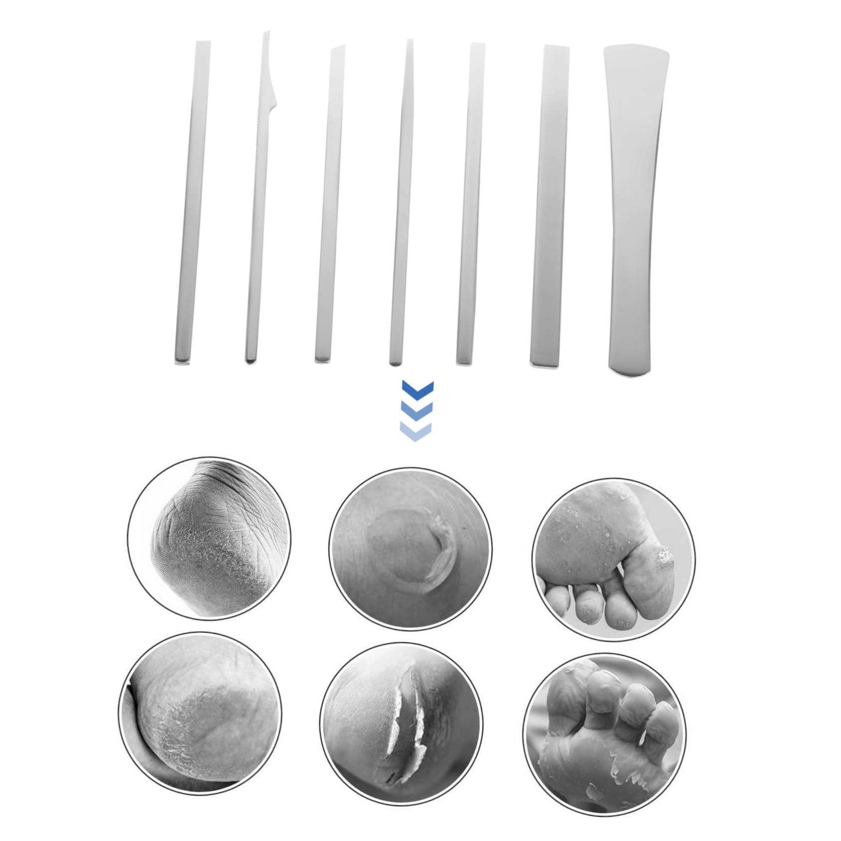 Kit Pedicure 7 Pezzi in Acciaio al Manganese Argento | Uso Familiare e Professionale, per Esfoliare Pelle Secca e Rimuovere Calli, Pulizia Mani e Piedi