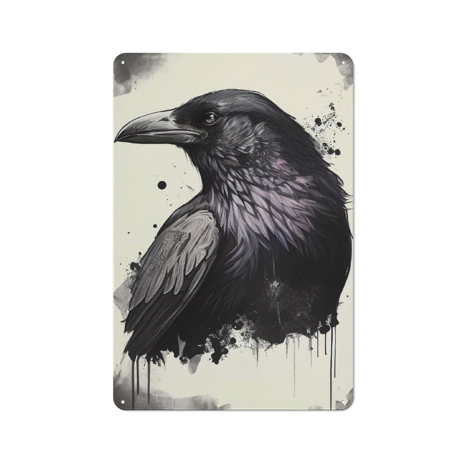 Junmoney Raven Illustration Metal Wall Art Sign With Design 30X20cm, Modern Retro Urban Room Decor For Workspace, Cafe, Hallway Or Garage