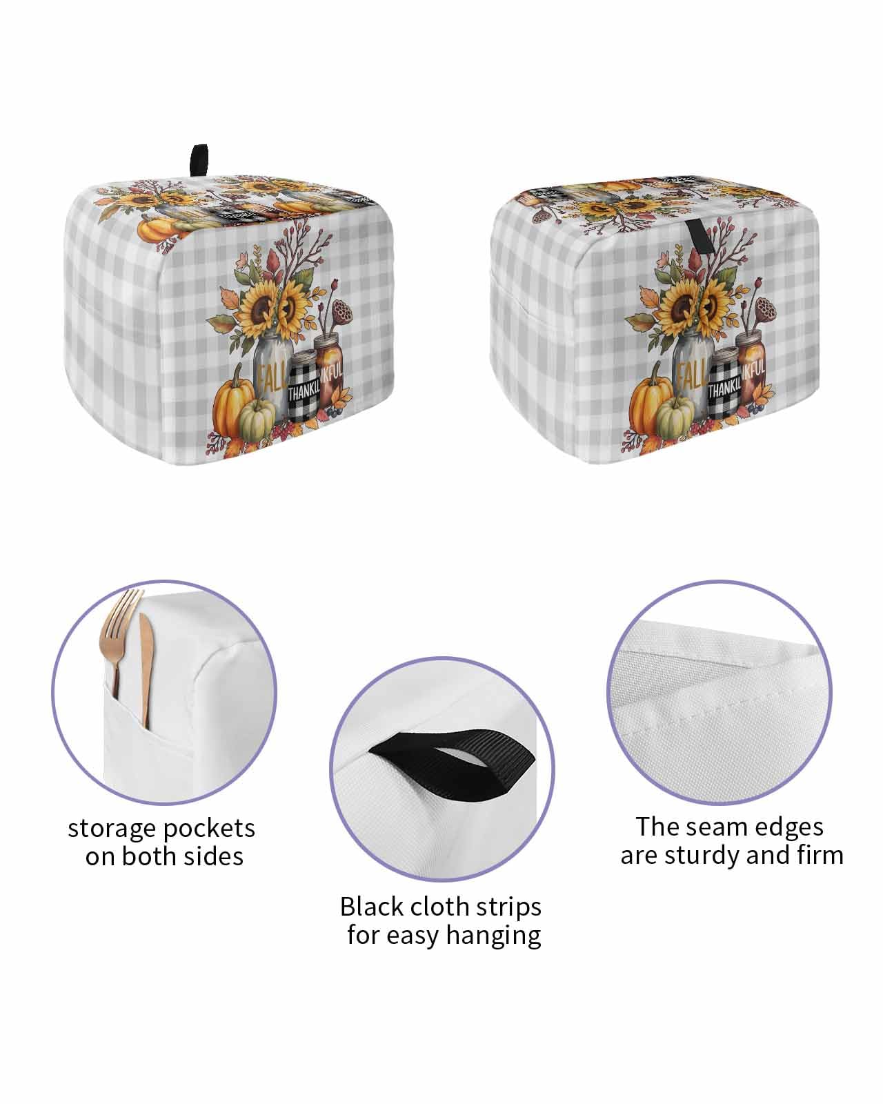 Fall Toaster Cover 2 Slice, Sunflower Pumpkin Leaves Buffalo Plaid Bread Maker Dust Cover with Pockets for Kitchen Small Appliance 11x6x8in
