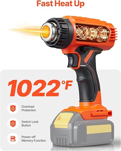 Miniatura 2 de VEVOR Pistola de calor inalámbrica, pistola de aire caliente compatible con baterías de litio DEWALT de 20 V, pistola termorretráctil máxima de 1022