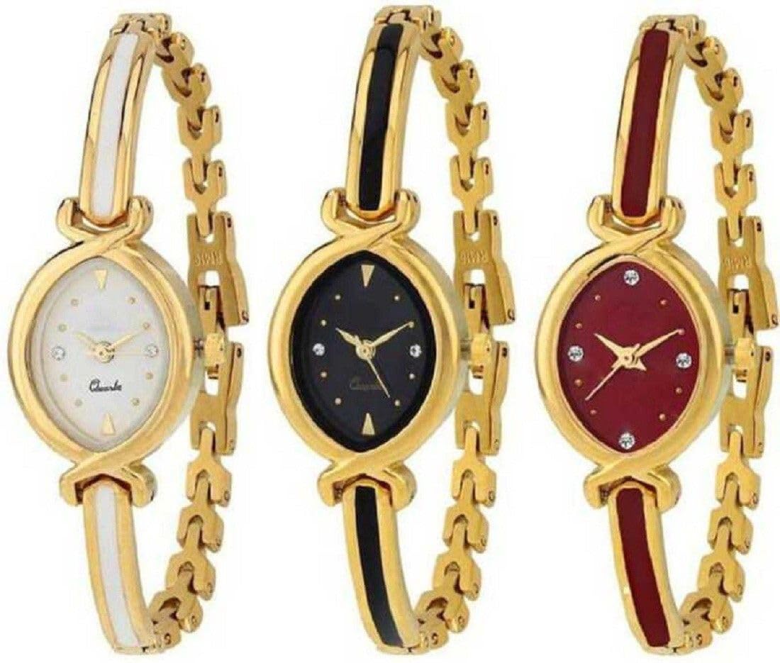 womens modern wrist watch|sleek dial | durable build | casual & formal use comfortable metal strap watches pack 3 designer stylish white-black-darkred dial golden bangle|152