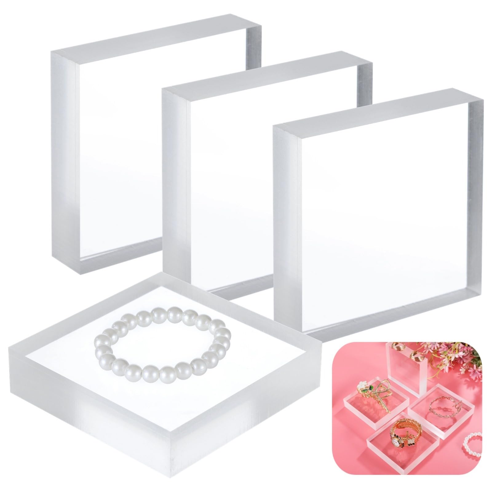 Lot de 4 blocs d’exposition en acrylique, cubes acryliques transparents 4 × 4 × 1 pouces, rehausses carrées pour bijoux, supports polis pour bagues, présentoirs pour gâteaux et objets créatifs