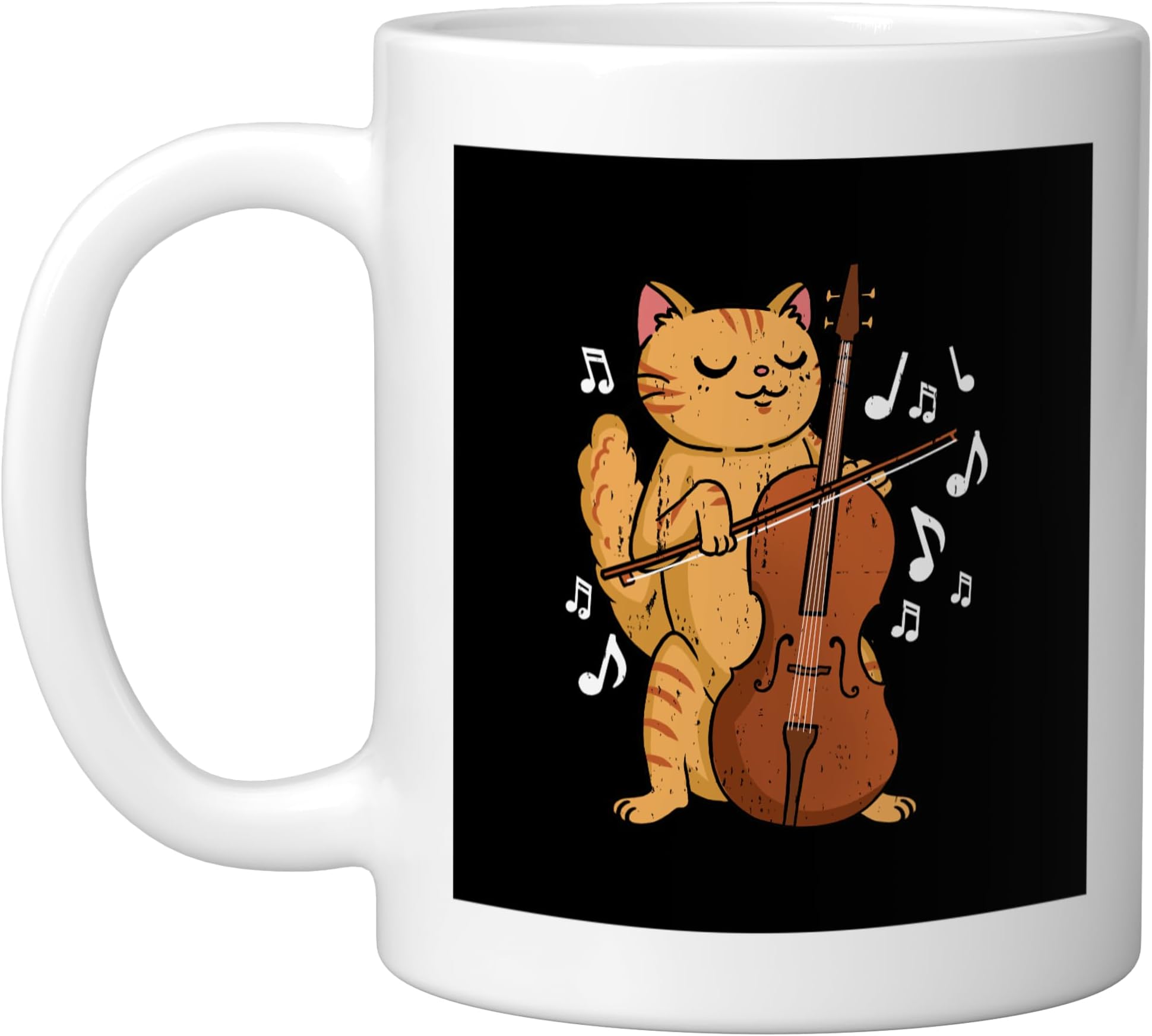 Cat Playing Cello Vintage Ceramic Mug, White