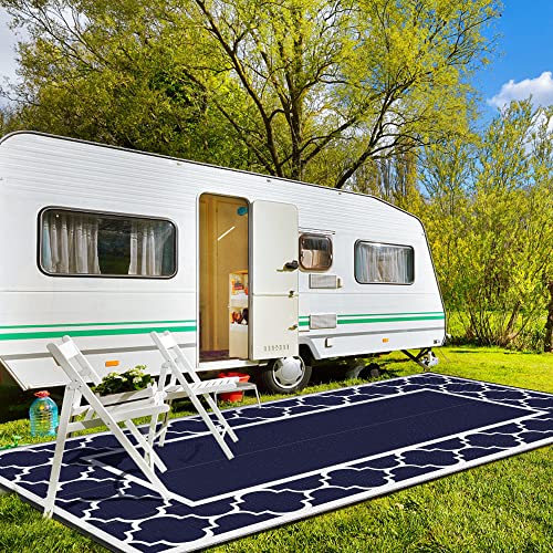 Image of GENIMO Outdoor Rug, Waterproof Plastic Rugs 10'x20' for Camping Blue White | Outside Larger Modern Carpet Mat for Patio Decor, RV, Porch, Camper, Deck, Picnic, Beach, Backyard, Reversible, Foldable