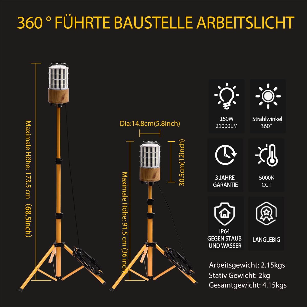 Led Baustrahler Arbeitsstrahler mit Stativ 150W 21000 Lumen Arbeitsstrahler mit Stecker, 360° Rundstahl-Beleuchtung,IP64 wasserdicht (150W Transparent Cover 20000lm)