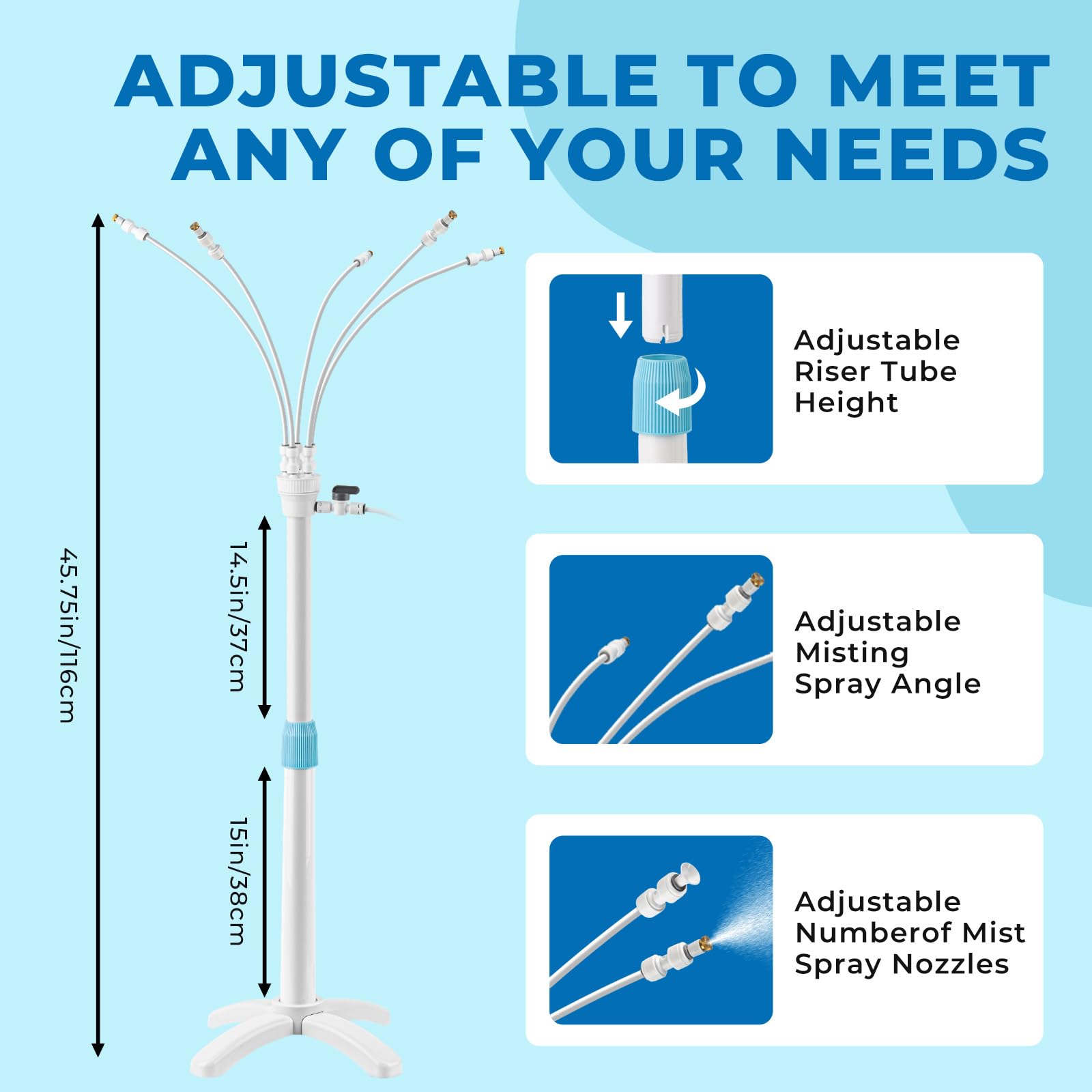 Stehende Sprühnebel Kühlung, 360° Vertikale Wassernebel Misting System, Nebel Sprinkler mit 1 Verlängerungsstange, 5 Nebeldüsen, Stehende Nebelkühlsystem für Garten Outdoor Kühlen Innenhof Pool Partys