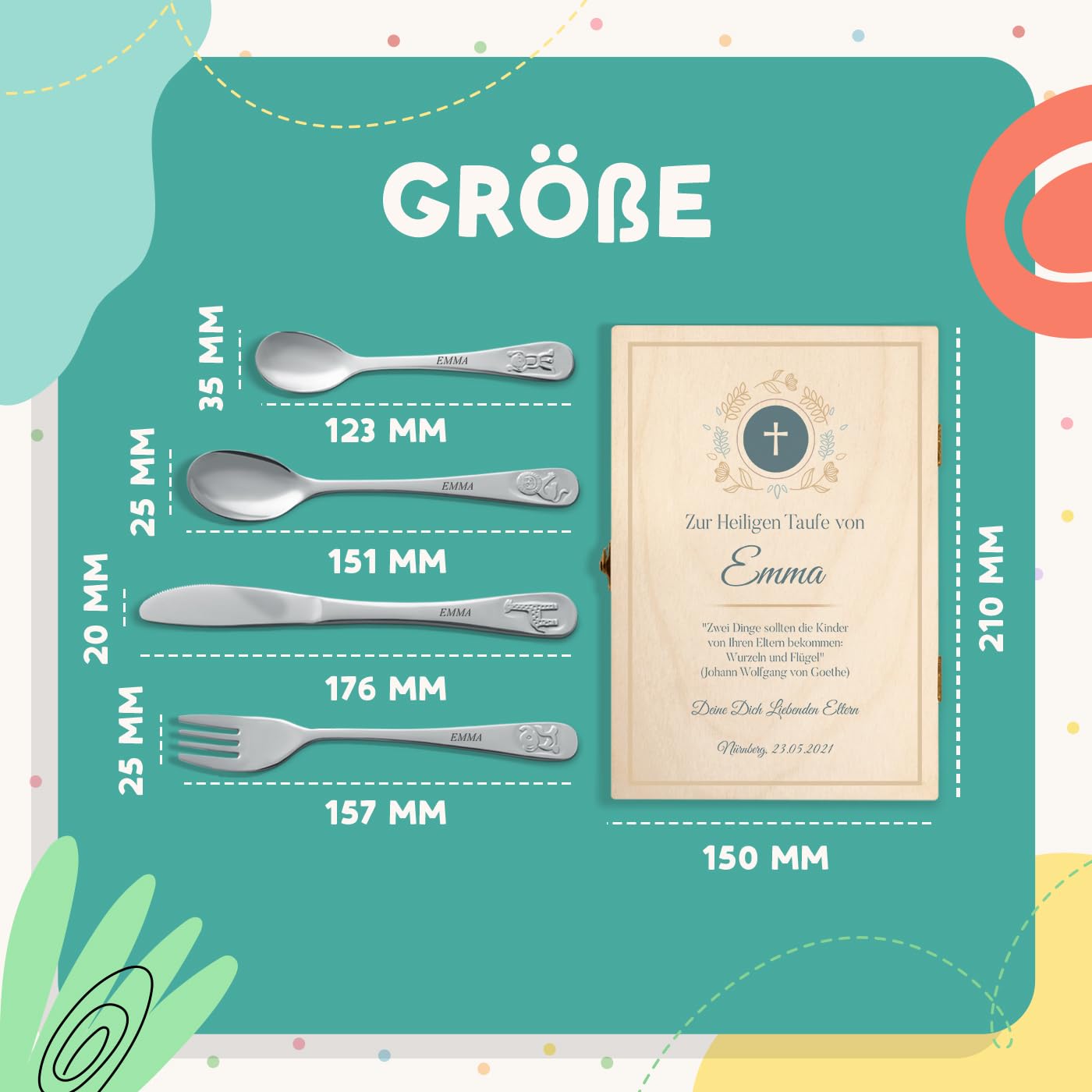 Maverton Kinderbesteck Set mit Gravur + Holzbox mit Aufdruck - mit Tieren - aus Edelstahl - Weihnachtsgeschenke - Braun - Geschenk für Mädchen zum Geburtstag zur Taufe Geburt - Kreuzchen