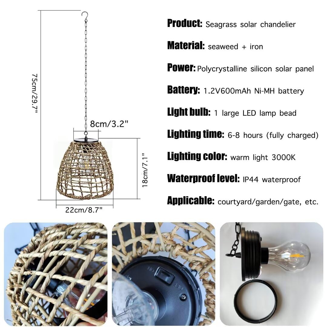 2 confezioni Lampada solare intrecciata a erba marina Lampada a sospensione a energia solare Lampada a sospensione da giardino solare Luce a sospensione solare per esterni per balcone, giardino