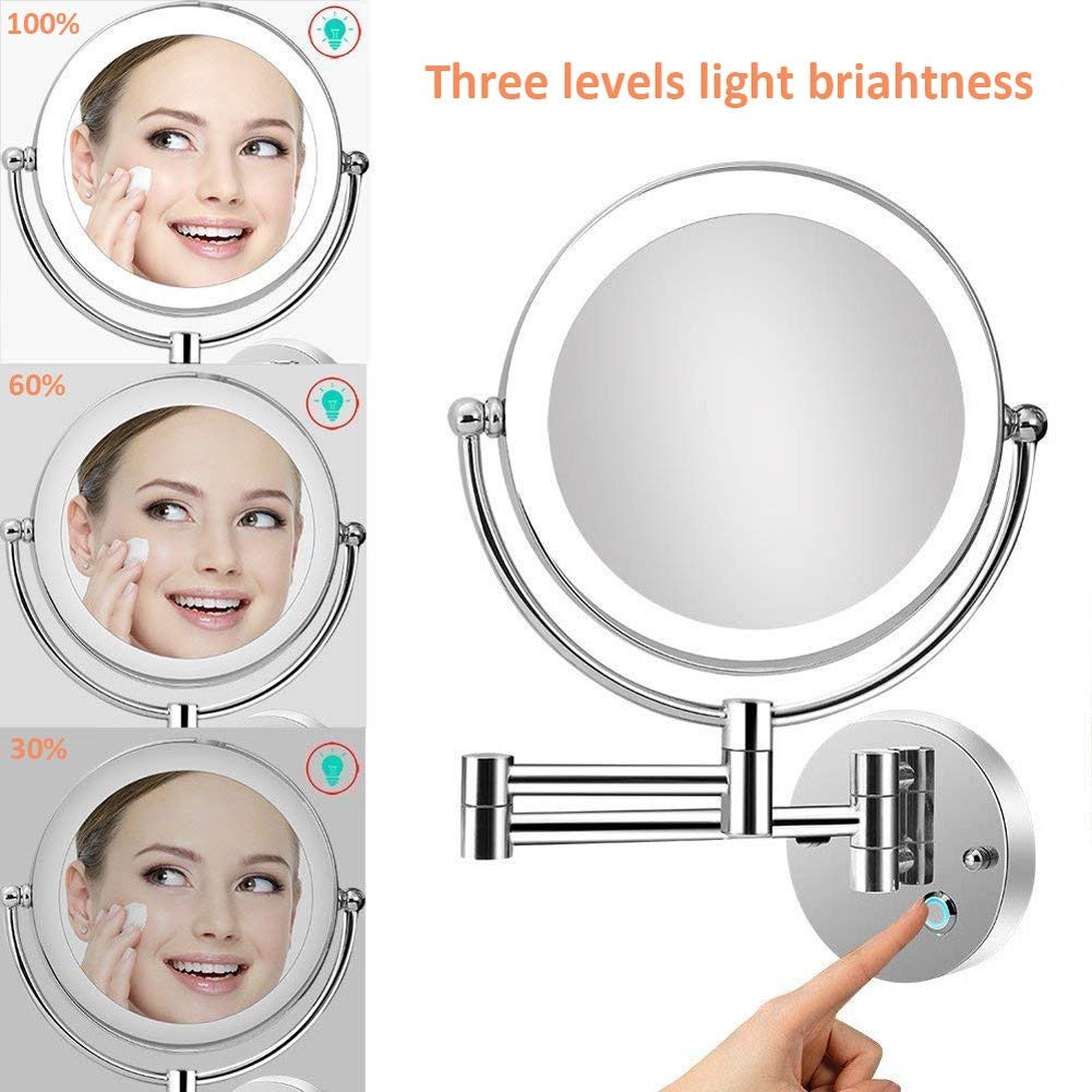 GuyAna Specchio da Barba a LED per Bagno, Specchio cosmetico Girevole su Entrambi i Lati con Montaggio a Parete, ingrandimento 10x, Estensione da 13,7", Luce Regolabile con Pulsante a sfi
