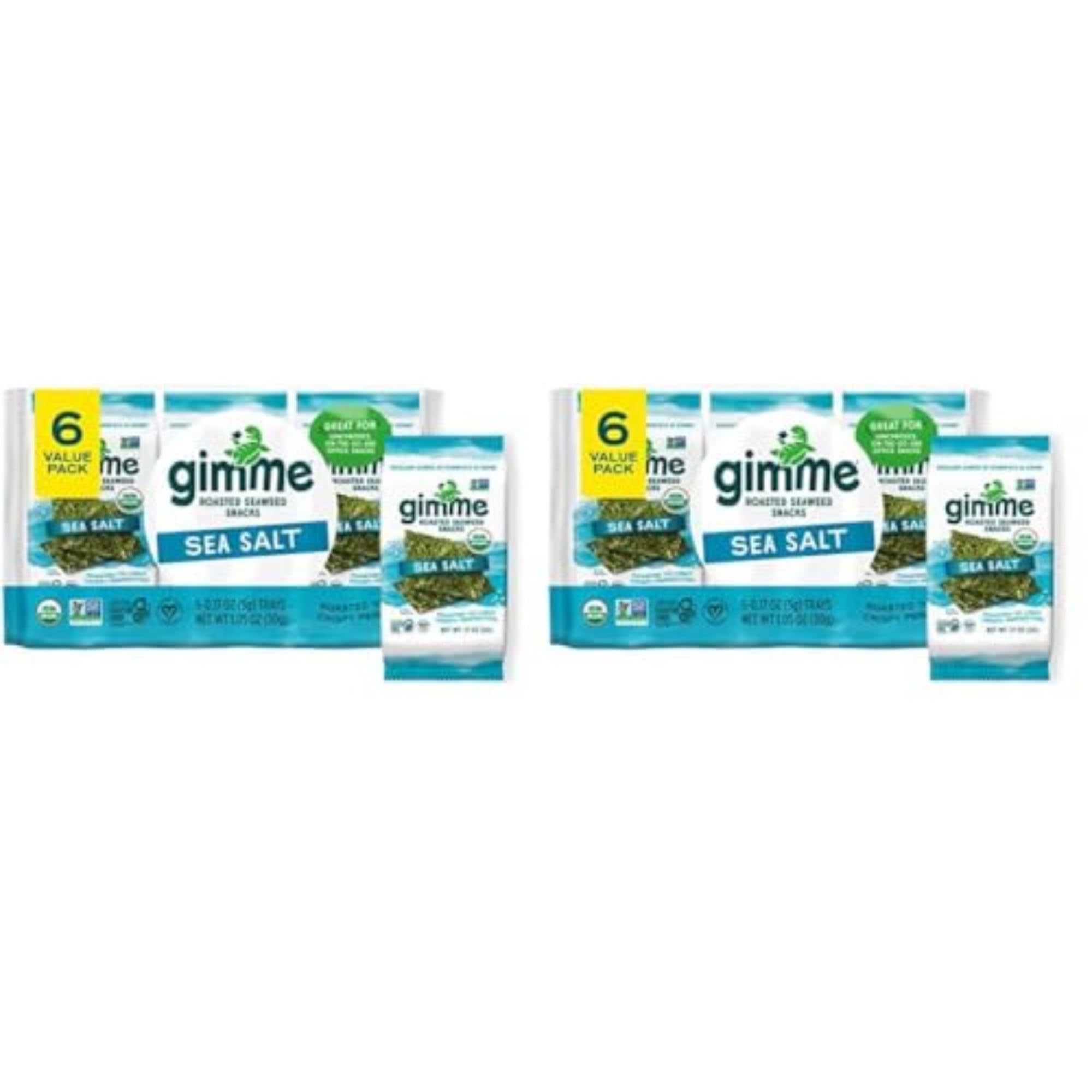 Gimme Seaweed - Sea Salt - 6 Count - Organic Roasted Seaweed Sheets - Keto, Vegan, Gluten Free - Great Source of Iodine & Omega 3’s - Healthy On-The-Go Snack for Kids Adults (Pack of 2)USDA Organic