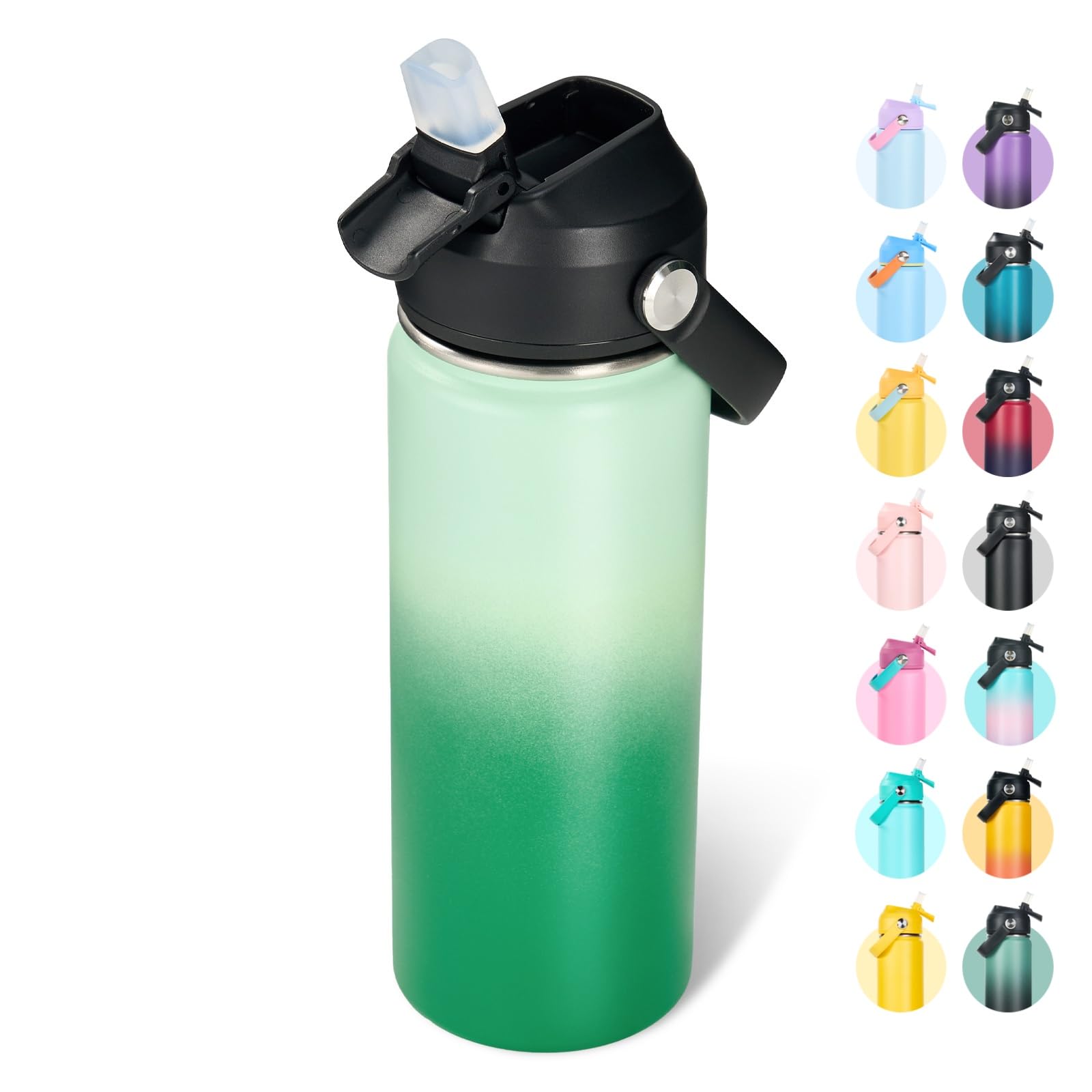 Fijinhom 18oz Insulated Stainless Steel Water Bottle, Wide Mouth Double Wall Vacuum, Silicone Straw, Sweat & Leak Proof, BPA Free Insulated Water Flask for Travel, Green Gradient Green Gradient 18 Ounces
