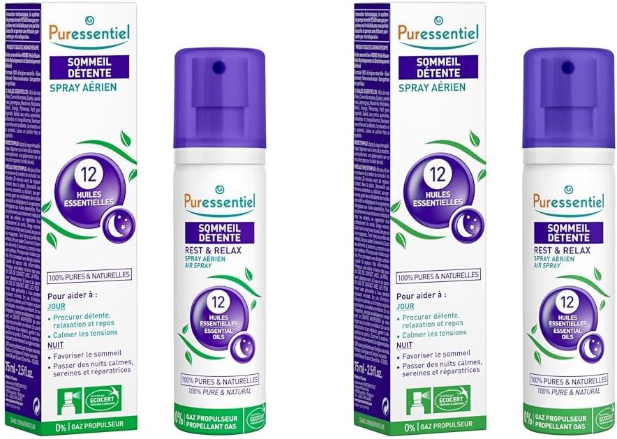 Puressentiel – Aerial Sleep and Relaxation Spray – with 12 Relaxing Essential Oils 100% Pure and Natural – Helps calm tension and promotes restful sleep – 75 ml (Pack of 2)