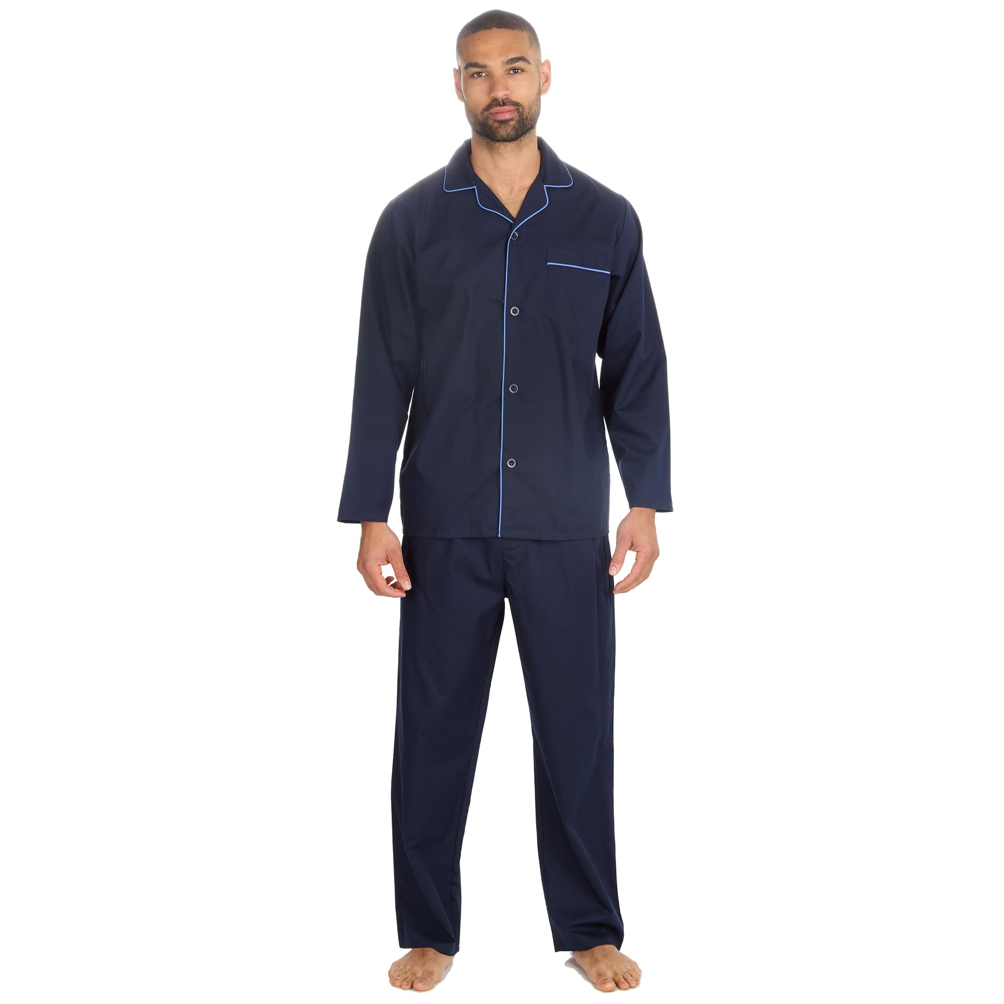 WS-SS24 Mens 2-Piece Pyjamas Long Sleeved Shirt & Long Pants Set Flannel PJ's Nightwear Navy Medium