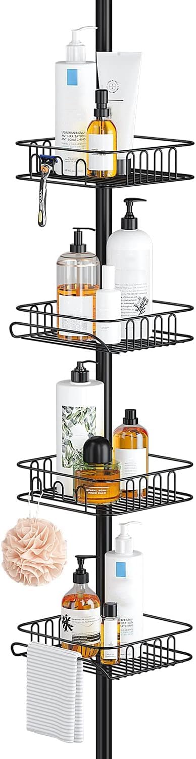 SEIRIONE Rustproof Shower Caddy and Organizer Corner for Bathroom, Tension Pole With 4 Adjustable Baskets for Shower Accessories, 34 to 116 Inch Height, Black