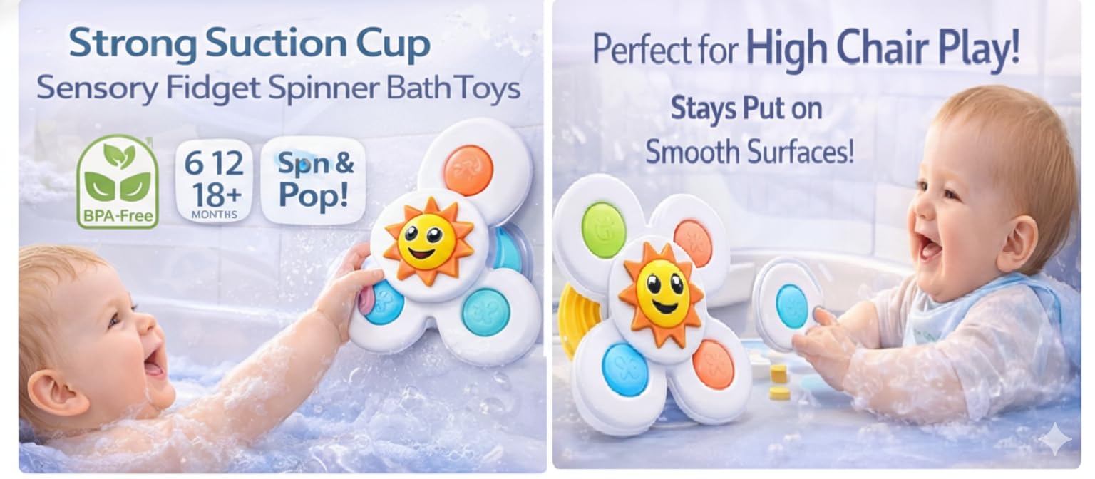 PB Prime Brands Strong Suction Cup Fidget Rotating Sensory Bath Toys for Baby 6 12 18 Months Airplane Car Travel Table & Window Toys for 1 2 Years Old Toddler Boys and Girls (Sun Spinner Popit) 1