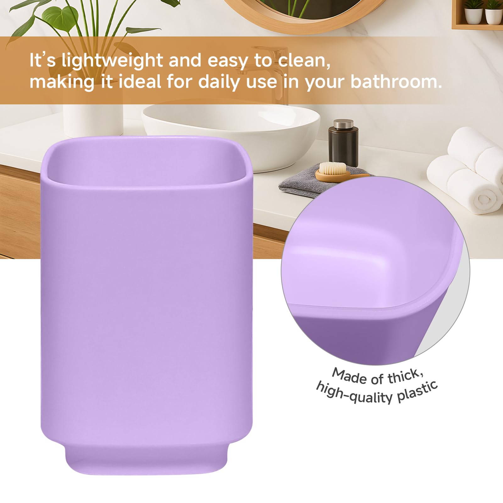 Juego de accesorios de baño de 4 piezas, juego de accesorios de baño de color morado claro, incluye soporte para cepillos de dientes, dispensador de jabón, jabonera y vaso para cepillos de 3