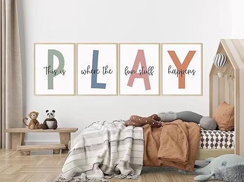 Miniatura 5 de Baccone Arte de pared para sala de juegos para niños, decoración de pared para sala de juegos, impresiones en lienzo para habitación de niños,