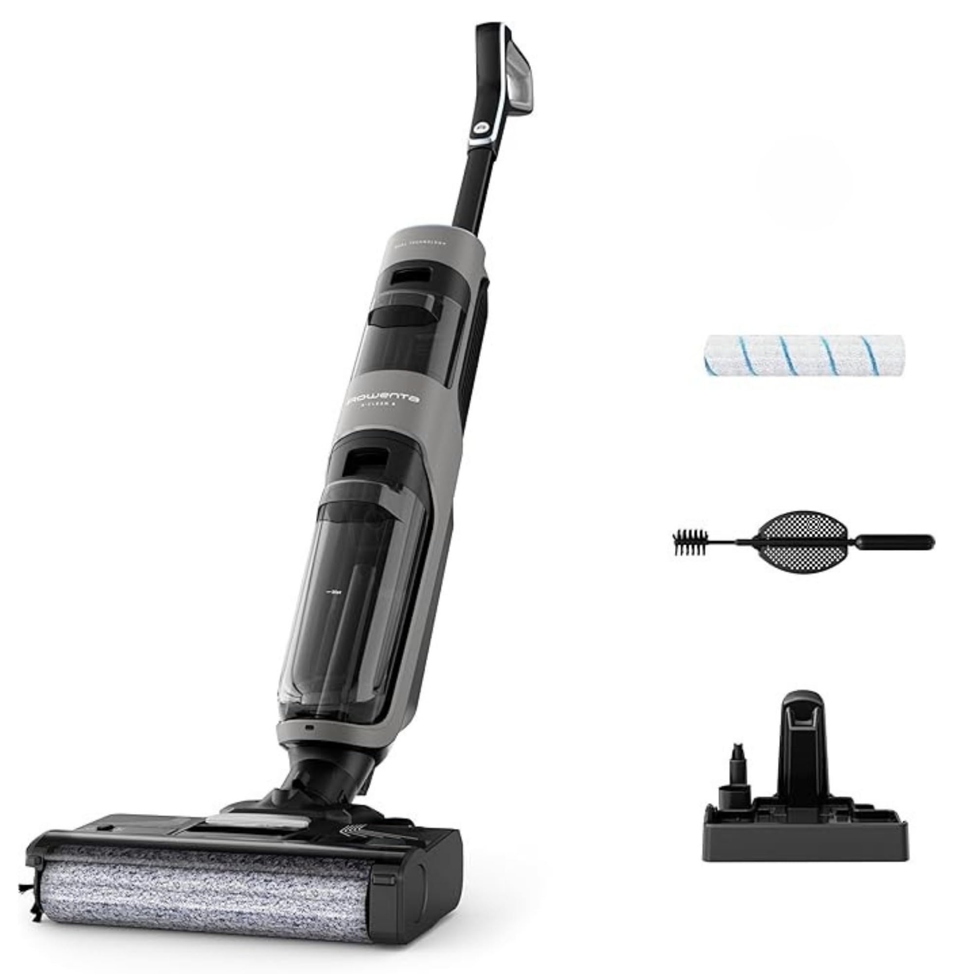 Rowenta X-Clean 4, Aspiradora Fregona Eléctrica Sin Cable, 2 en 1 Aspira y Friega a la vez, 200 W, Pantalla De Control Inteligente, Ajuste Automático De Limpieza: Eco, Auto y Max, Gris, GZ5036WO
