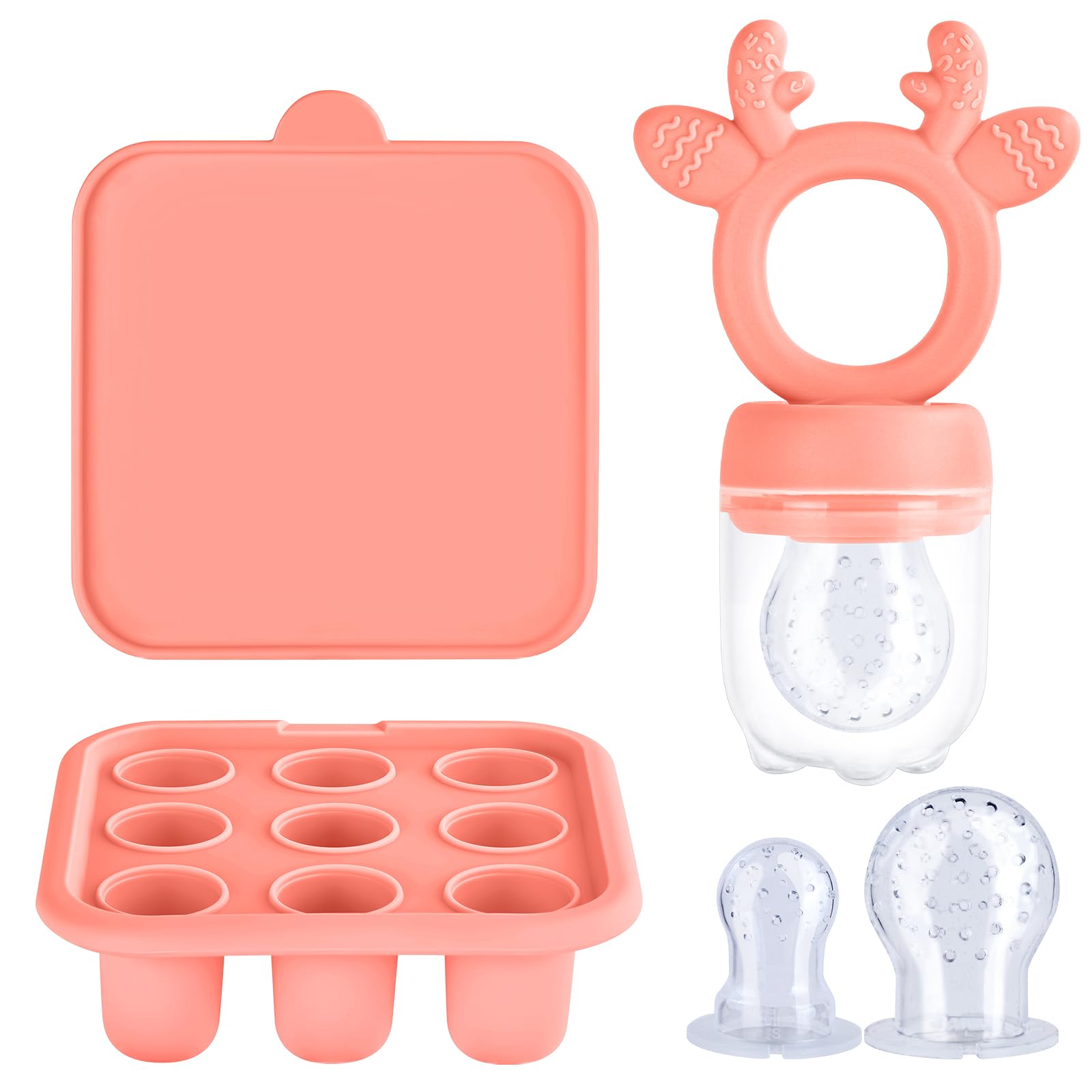 Aolso Fruchtsauger Baby, Baby-Früchte-Futterspender-Set, Babynahrungs-Aufbewahrungsbehälter, Silikon-Baby-Früchte-Futterspender für Schnuller und Muttermilch-Eis am Stiel (Orange-Rosa)
