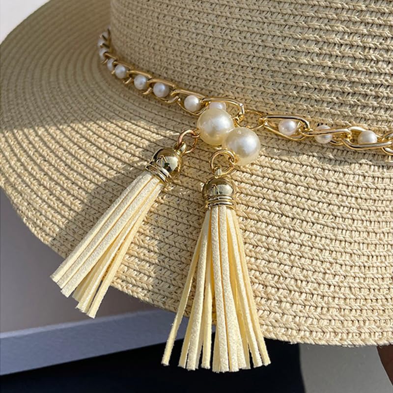 Cappello da Paglia Intrecciata per Donna,Cappelli da Sole Traspirante in Paglia Intrecciata a Tesa Larga con Decorazione di Perle,Cappello da Spiaggia Traspirante per Attività All'Aperto,Viaggi,Vaca
