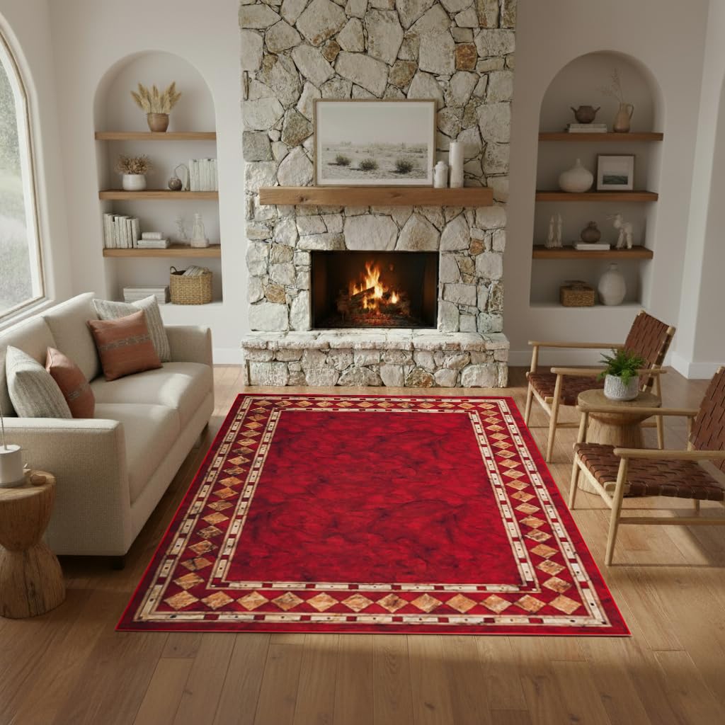 TAPISO Nora Teppich Creme Rot Kassisch Rahmen Wohnzimmer 160 x 230 cm
