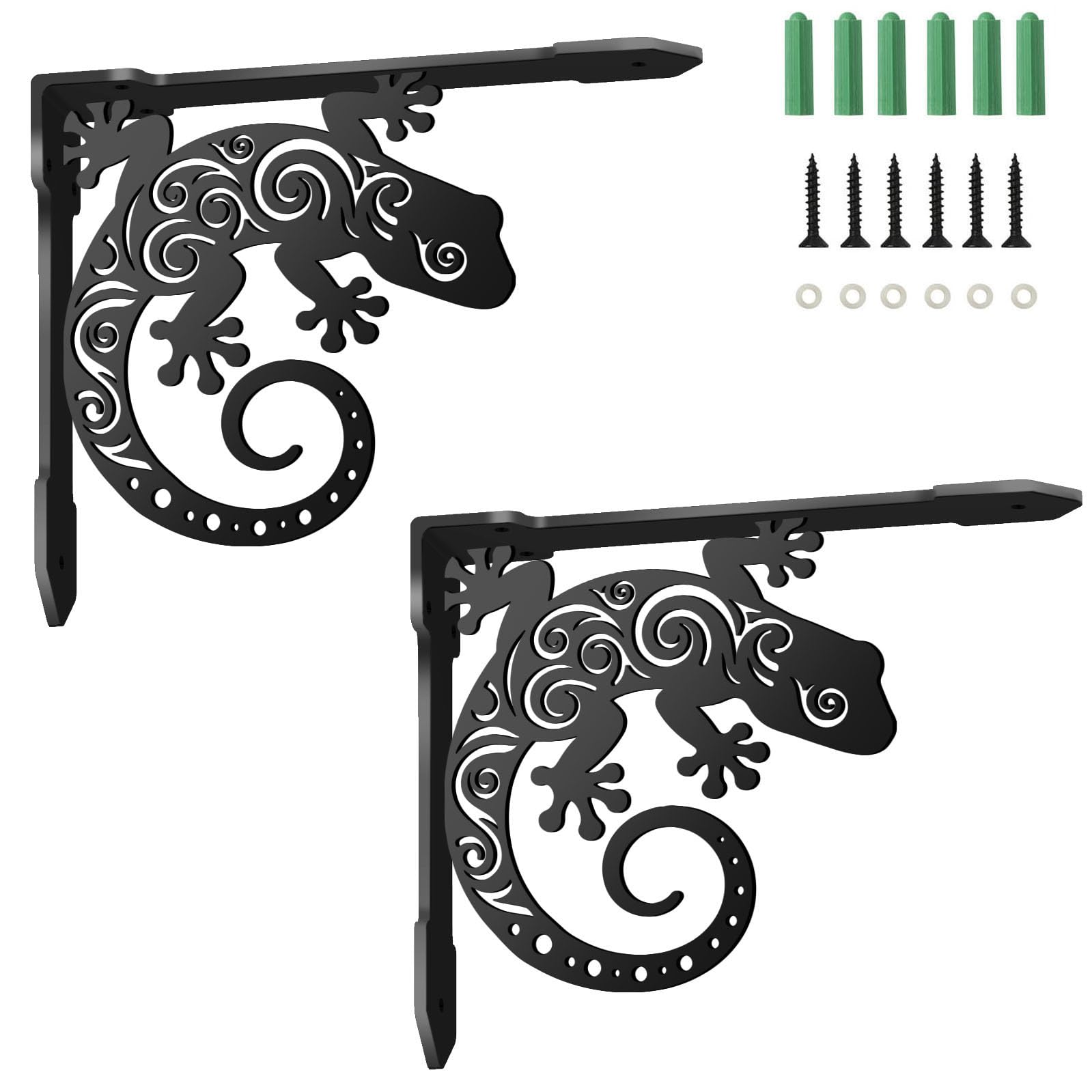 SUPERDANT 2 Pack Gecko Black L Shelf Brackets 21x17cm Decorative Metal Brackets Heavy Duty Gecko Silhouette Matte Iron for Bookshelf Office Bedroom Balcony Kitchen Black