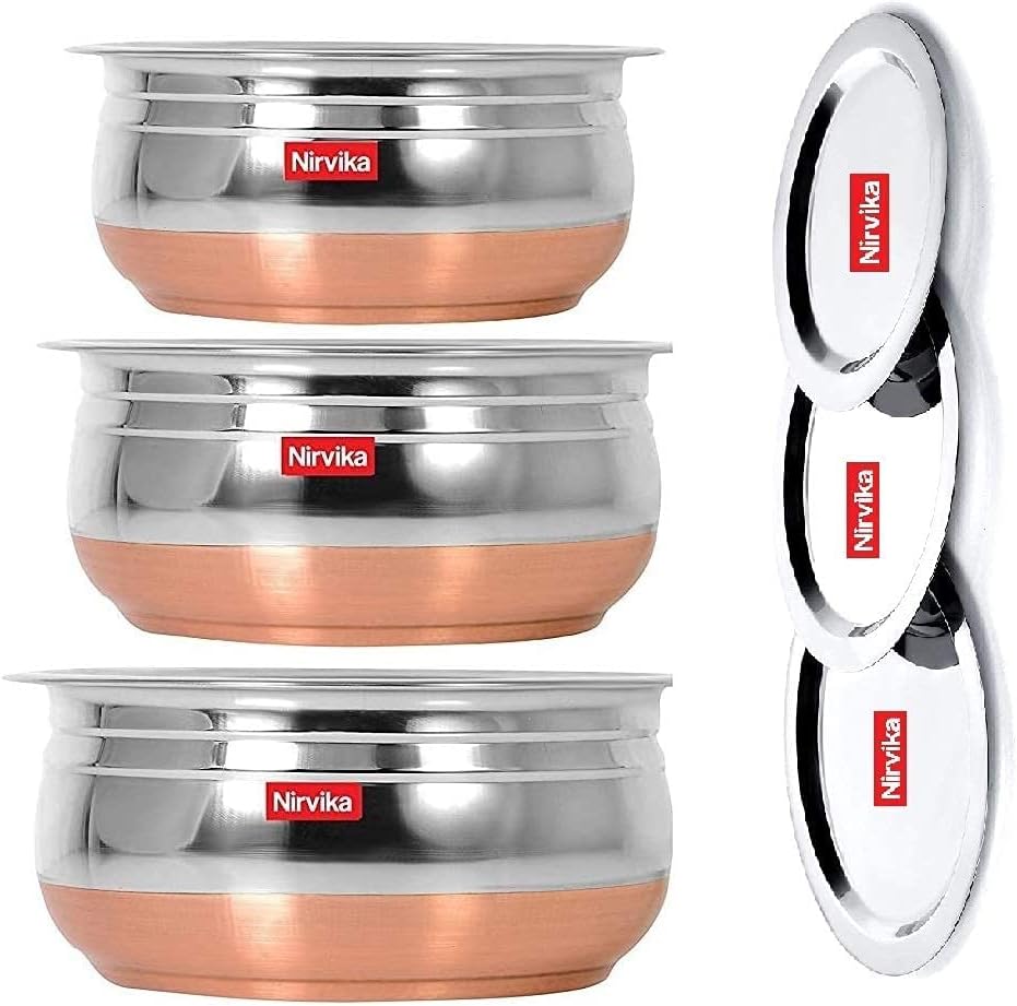 Stainless Steel with Copper Bottom Handi Kitchen Serving, Cooking Bowl Set with Lid - Set of 3 Pieces Cookware, 3 Piece Urli Lid