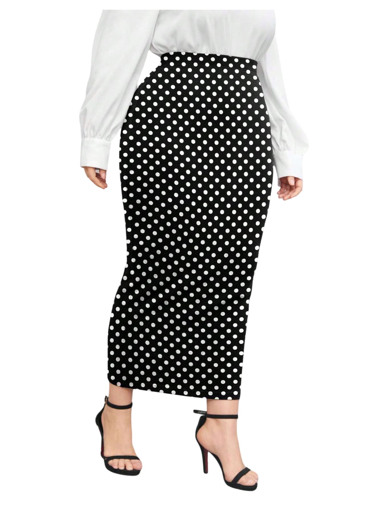 OYOANGLE Womens Plus Size Polka Dots Bodycon Pencil Maxi Skirt Elegant Work Office Dressy Skirts