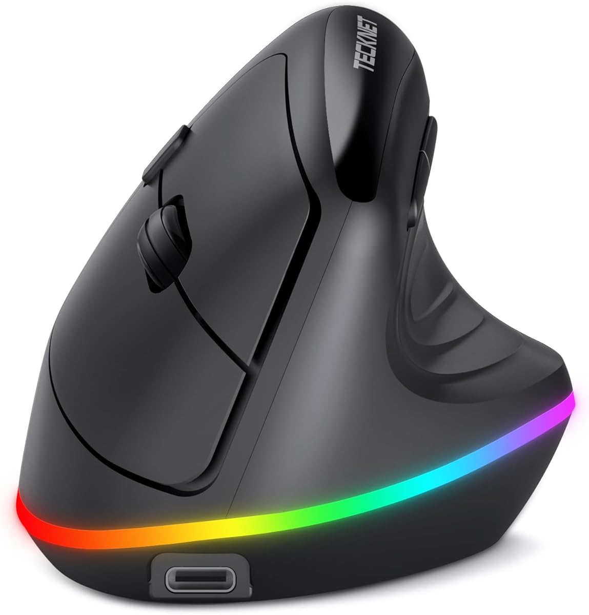 TECKNET RGB Rechargeable Wireless Ergonomic Mouse - USB+Bluetooth Multi-Device LED Vertical Mouse with 11 RGB Backlight Modes, 4800 DPI Adjustable, Ergo Mice for Windows and Mac, Black