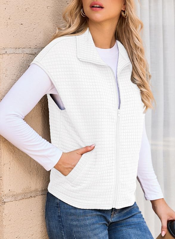 Dokotoo Womens Vest Tops 2026 Zipper Up Cap Sleeve Side Pockets Waffle Knit Sleeveless Oversized Vests - Image 5