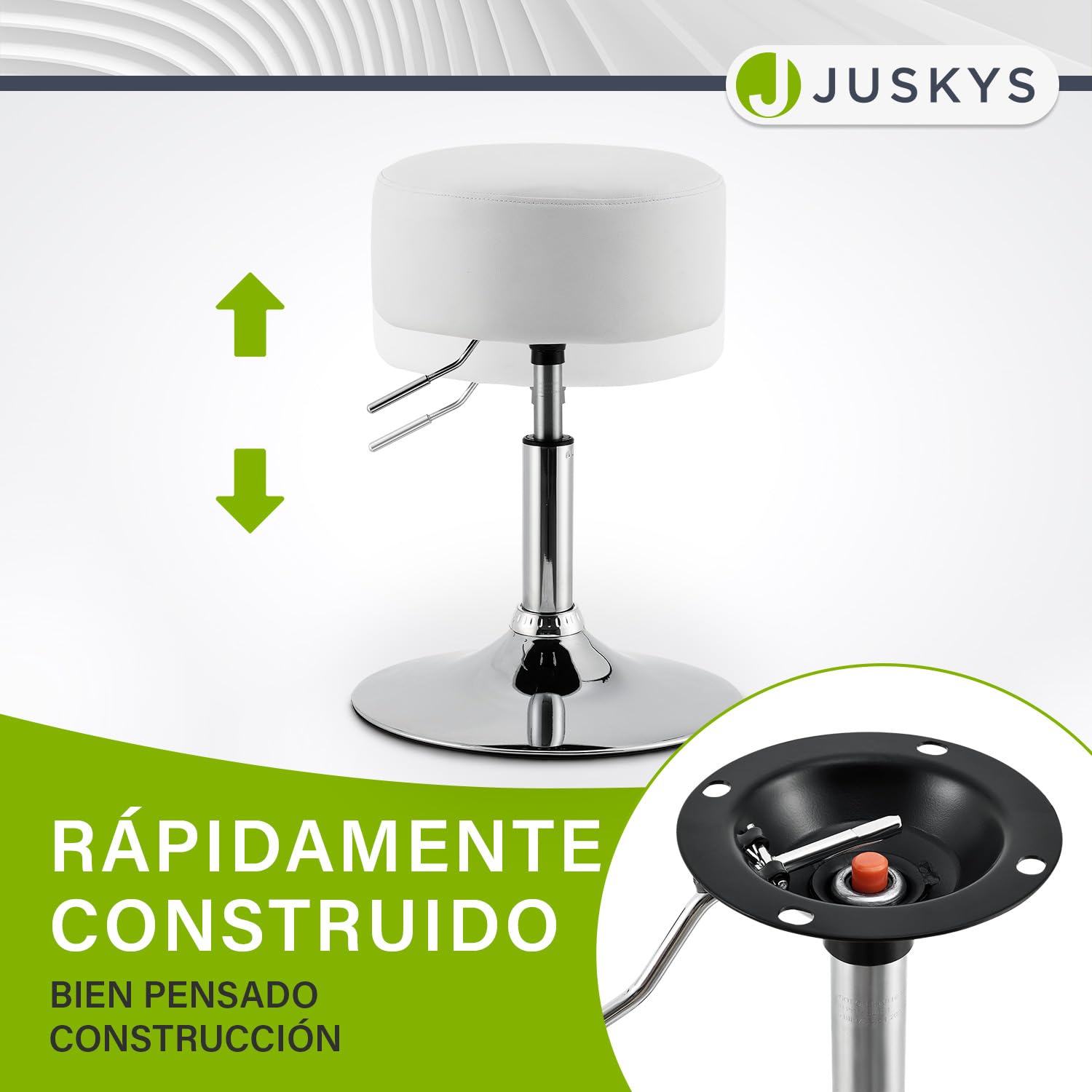 Juskys Taburete Tonia para tocador – Asiento Redondo de 33 cm, Altura Regulable 52–65 cm – Diseño ergonómico Acolchado con Funda de Polipiel Blanca