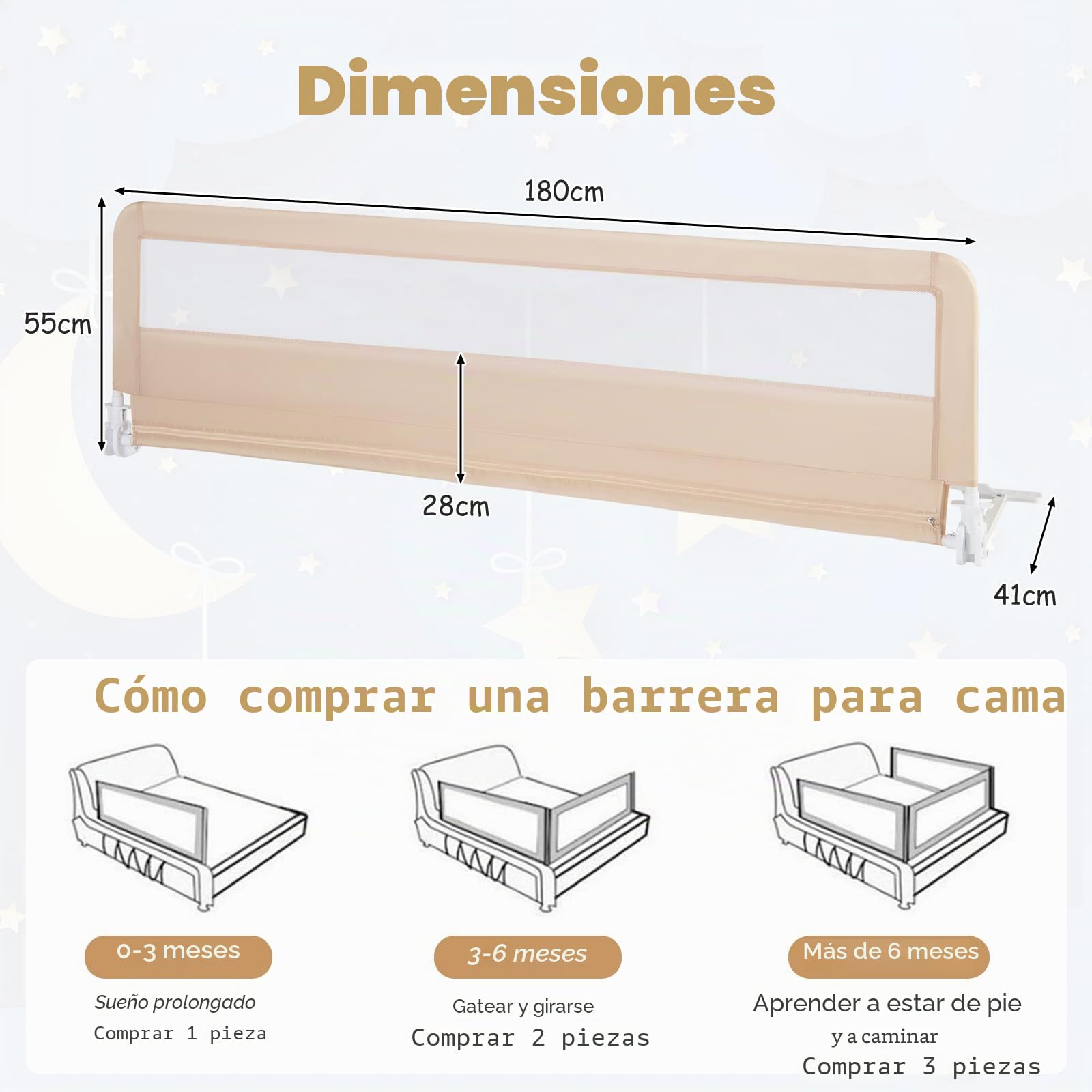 RELAX4LIFE Barrera Seguridad Niños Cama Plegable 150/180cm con Correas de Seguridad y Funda Tela Oxford Removible, Barandilla Cama Niño para Cuna, Cama Gemelo/Doble/Queen&King (Beige,180 x 41 x 55 cm)