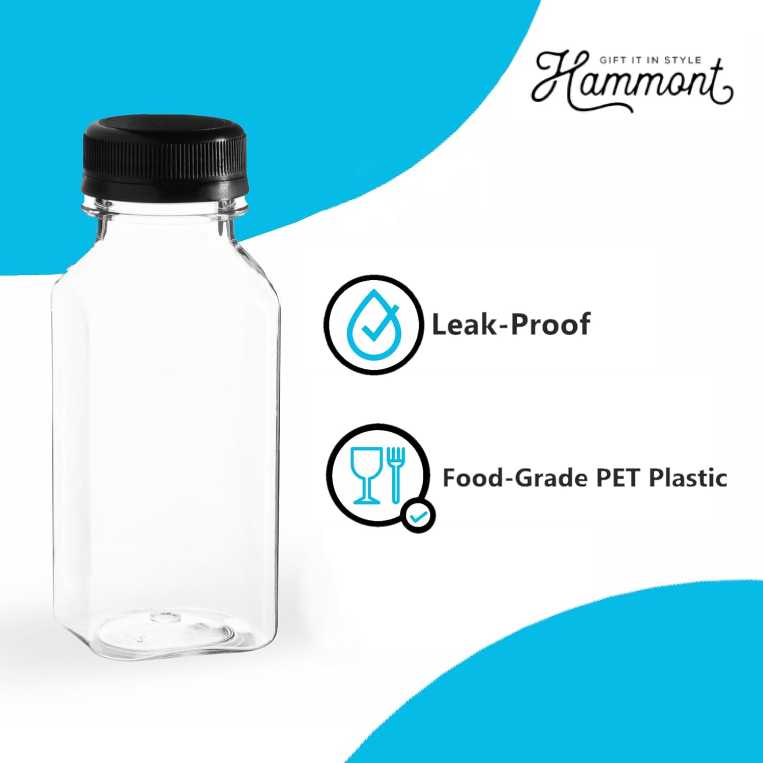 Hammont Plastic Bottles with Caps - Clear PET Iced Coffee & Juice Bottles, Pack of 24 - Reusable Juicing Bottle - Ideal for Cold Drinks (32oz) - Image 3