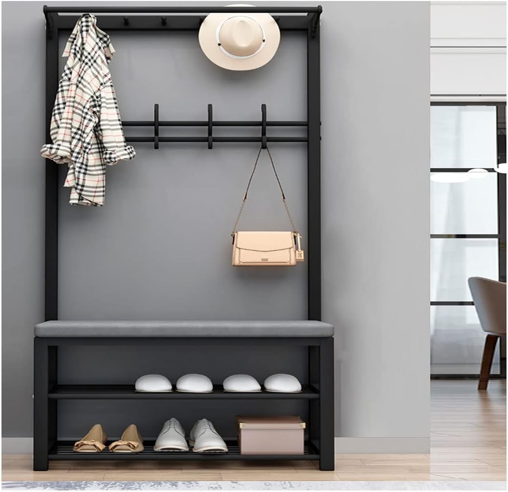 Entryway Hallway Storage Shoe Cabinet，Coat Stand，3-in-1 Entryway Hall Tree with Shoe Bench Coat Rack with 9 Hooks and Hanging Rods with Shoe Rack and Seat Cushion Metal Frame for Entrance Li