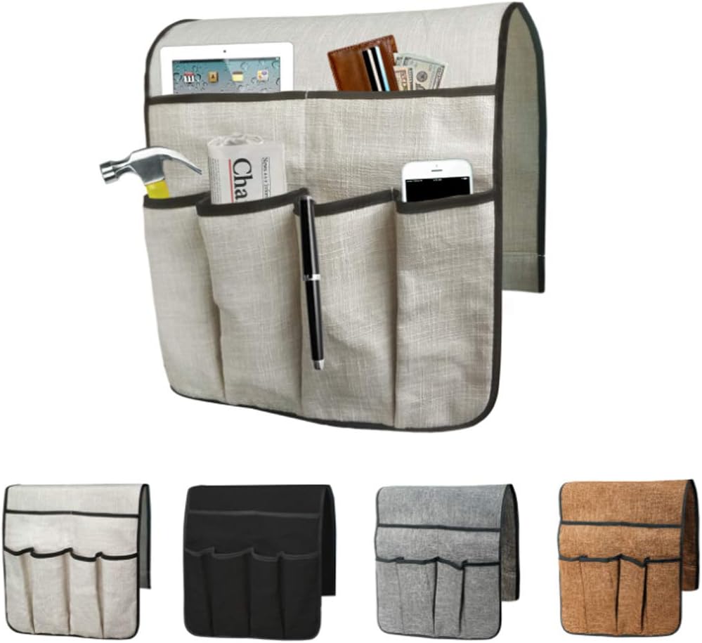Double Layers Sofa Armrest Organizer Couch Remote Holder Armchair Recliner Bedside Caddy with 6 Pockets for Magazines, Books, TV Remote Control, Phone, Glasses (#A2-Brown(leather))