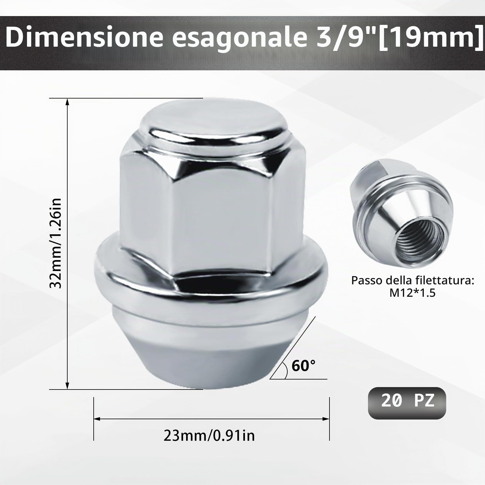 20 pezzi Dadi per Ruota con Cappuccio Cromato Viti Cappuccio Chiuso a Sede Conica 60° Dadi per Ruota M12x15 per la maggior parte di Ford Fiesta Focus Fusion (B-M12X1.5, Argento)