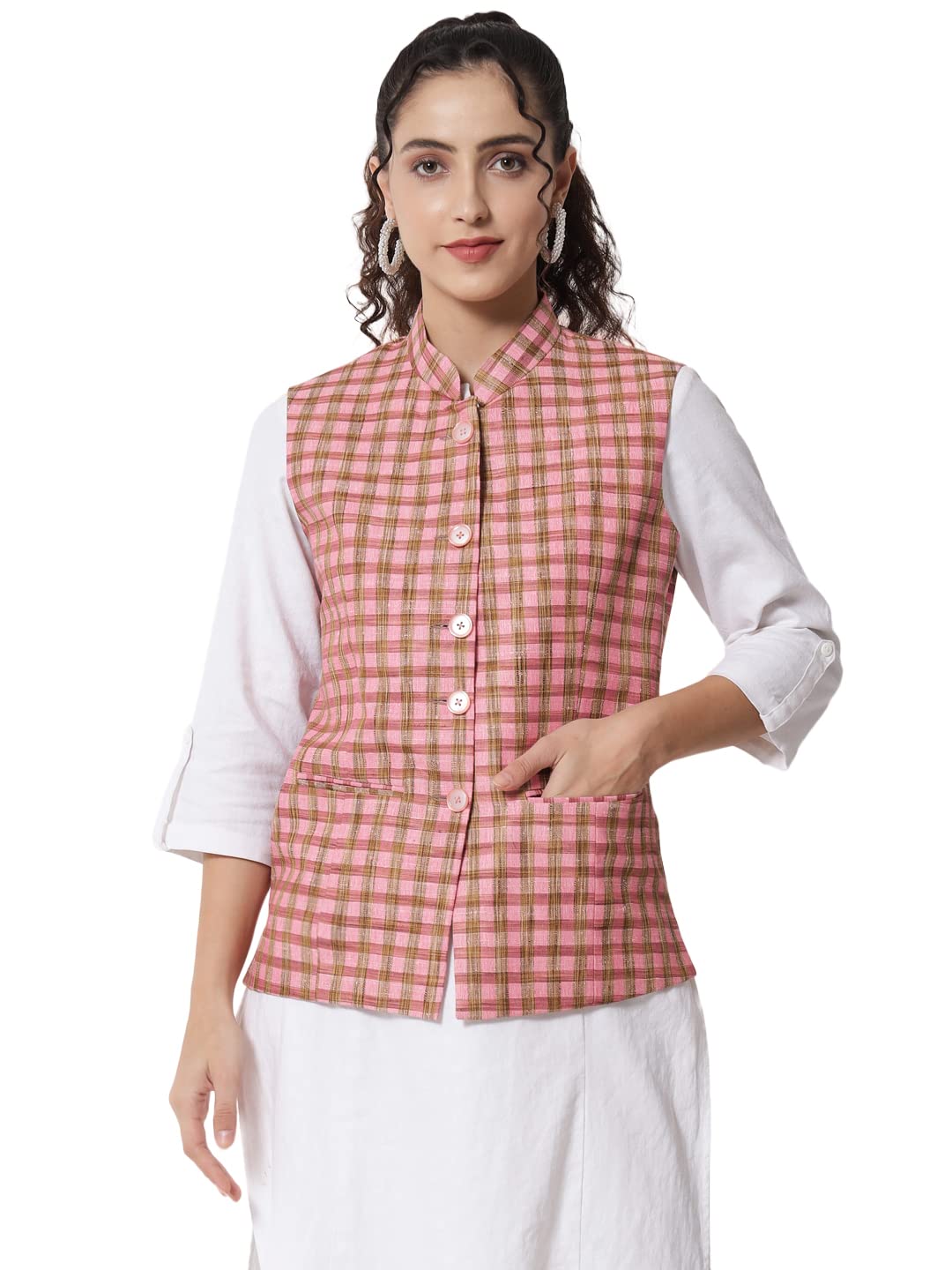 vastraa fusion Women's Cotton-Blended Handloom Quality Indian Traditional Nehru Jacket/Waistcoat (_Orange-Block Check_)-picture-41