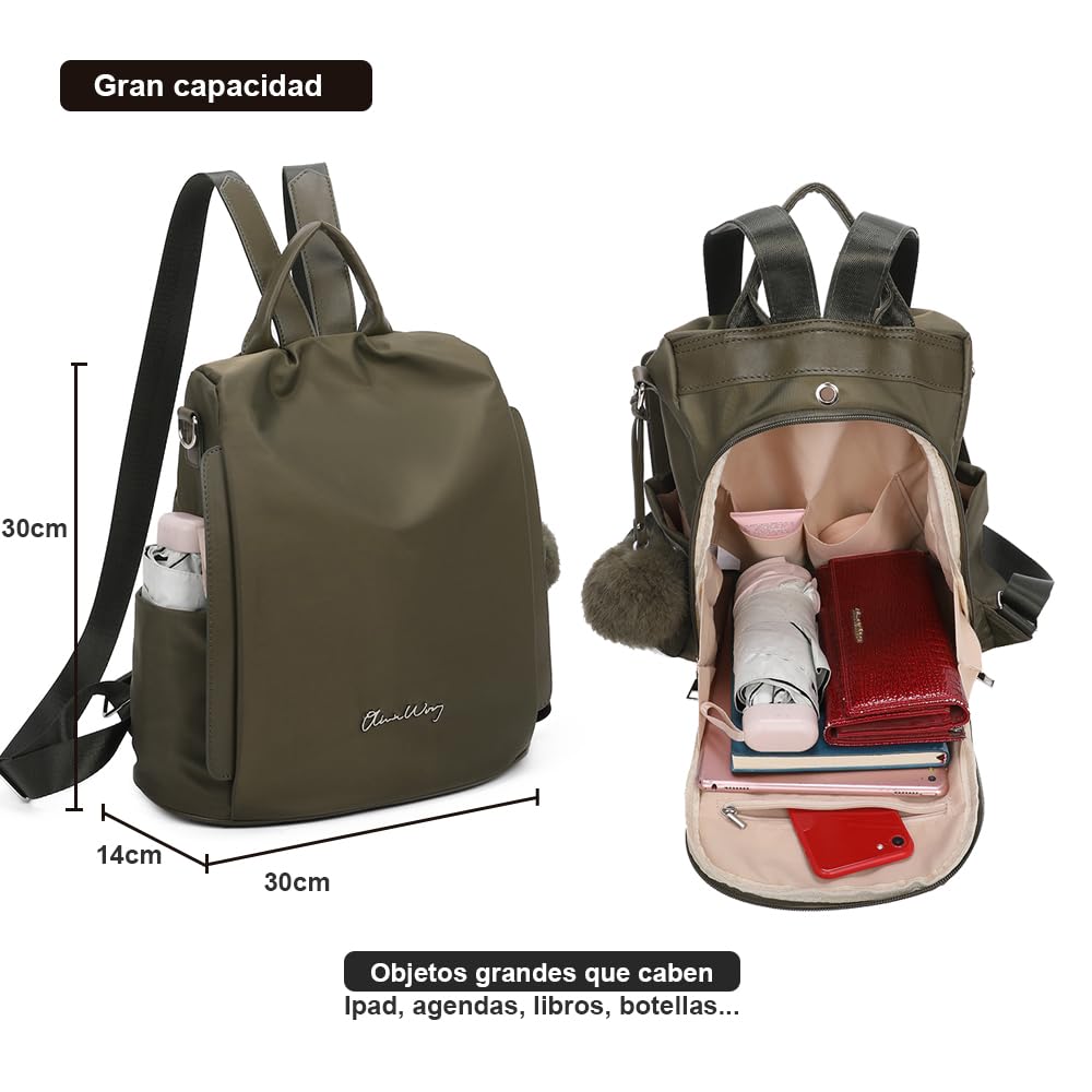 Mochila antirrobo Impermeable para mujer (13L)| Mochila Convertible en bolso con pompom y Asa desmontable de adorno