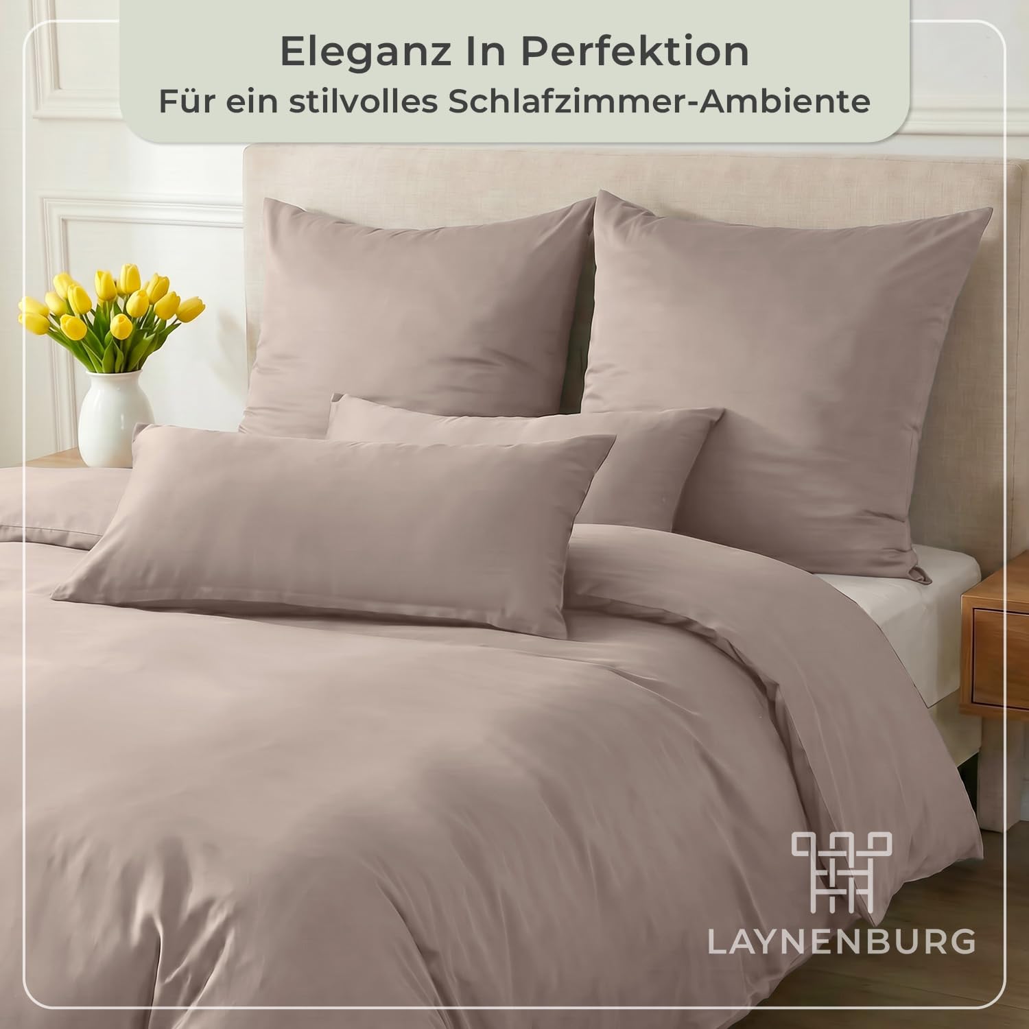 LAYNENBURG Premium Mako Satin Bettwäsche in 135x200 + Kissenbezug 40x80 cm - 100% Baumwolle – Oeko-TEX 100 - kühlende, temperaturausgleichende Sommer-Bettwäsche mit Reißverschluss(Taupe)