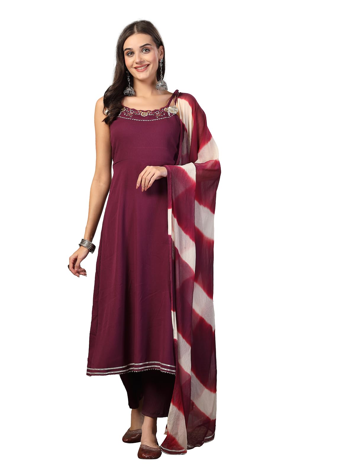 Stylum Women's Solid & Embroidered Poly Crepe A-Line Kurta Pant Dupatta Set (Kpdpurplepanama34_Purple, Xs)
