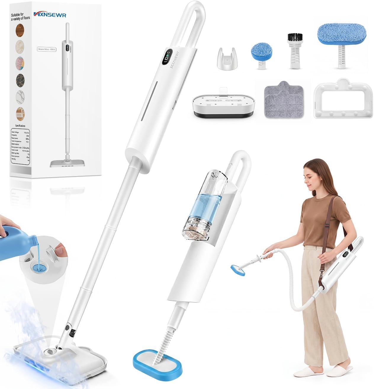Steam Mops for Floor Cleaning, MultiPurpose Steam Cleaner for Home with 13 Accessories and Strap, Detachable Handheld Steam Mop with 380ml Filterable Water Tank for Hardwood,Cloths and Carpet