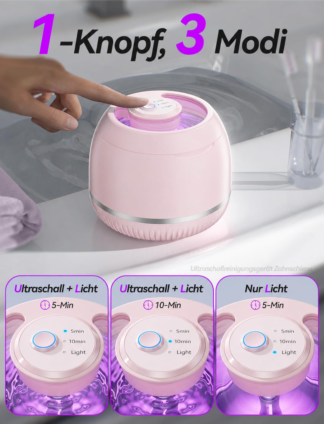 Beser Ultraschallreinigungsgerät Zahnschiene, 46kHz, Zahnschiene Reinigung, Dental Aufbewahrungsdosen Pod Cleaner für Retainer, Gebissreiniger, Zahnprothesen, Schmuck, IPX6, 200ML (Rosa)