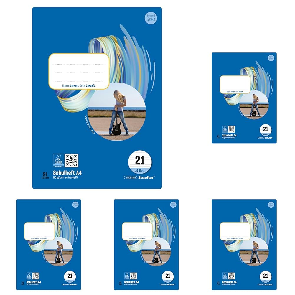 Staufen Style Schulheft - 10 Hefte je 16 Blatt, DIN A4, Lineatur 21 (9 mm liniert), 80 g/m² Papier (Packung mit 5)