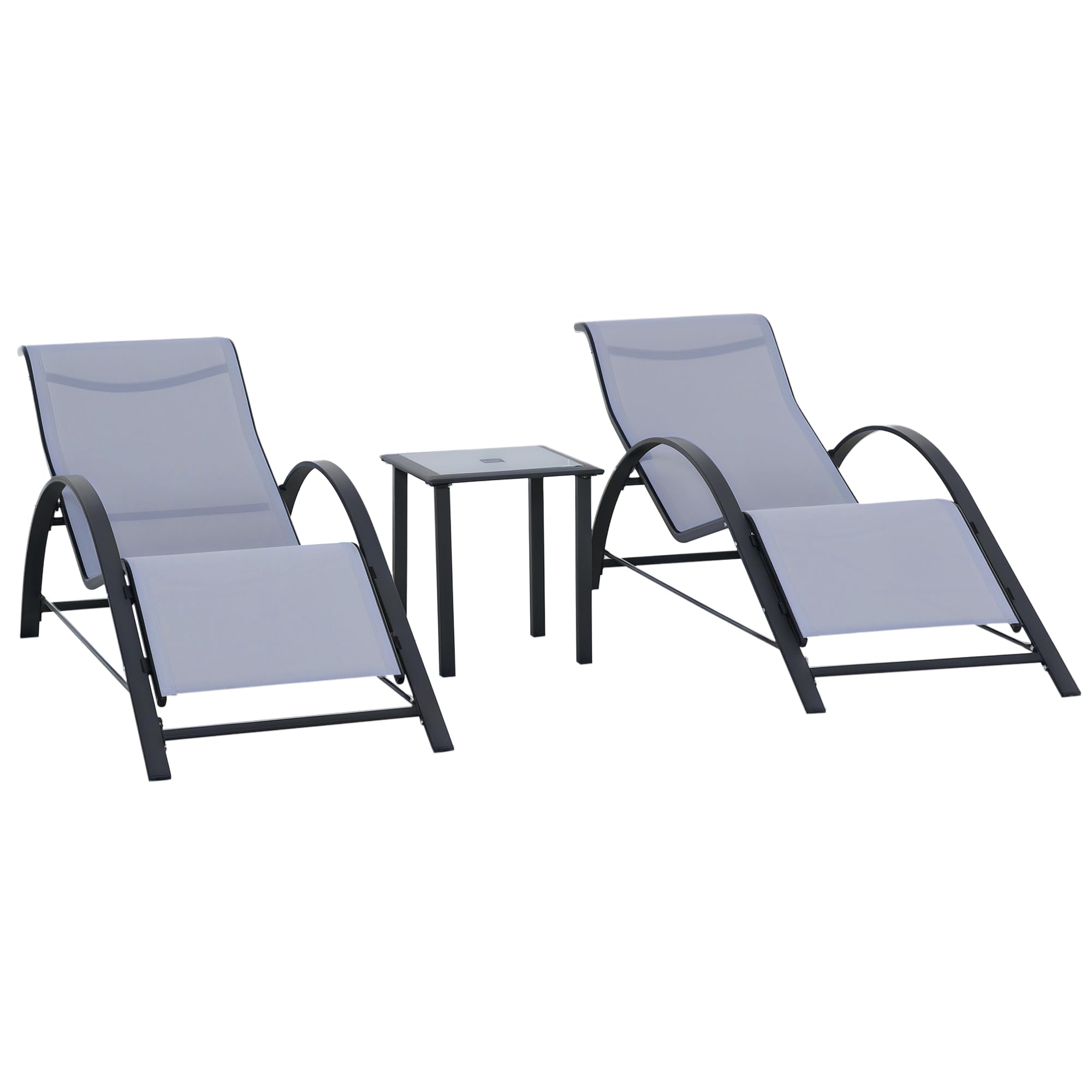 Rackhams Cream/Light/Grey 3 Pieces Lounge Chair Set Garden Sunbathing Chair W/ Table - Steel, Breathable Mesh - 59Cm X 169Cm X 66Cm