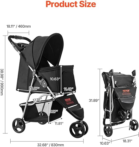 Miniatura 2 de VEVOR Cochecito para mascotas, capacidad de peso de 35 libras, carrito plegable para perros, carritos de 3 ruedas para gatos con ventanas de malla y