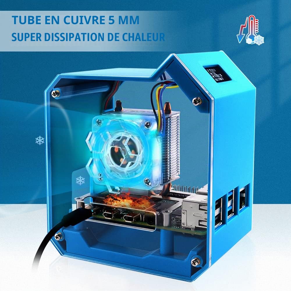 GeeekPi Kit mini tour pour Raspberry Pi, boîtier Pi 4 avec refroidisseur ICE Tower, module OLED 2,4 cm, ventilateur RVB, dissipateur thermique, carte GPIO 1-2