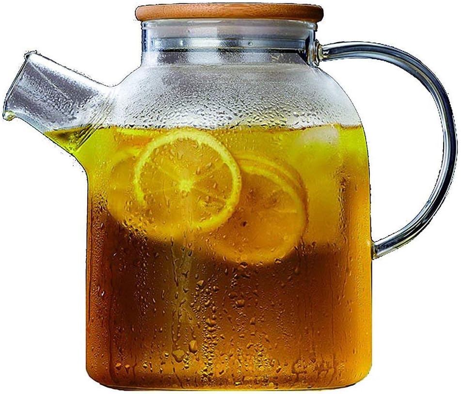 Large Glass Water Pitcher, 60 oz / 1700 ml Borosilicate Tea Kettle with Stainless Steel Infuser Spout and Bamboo Lid, a Perfect Flower Teapot and Iced Tea Maker