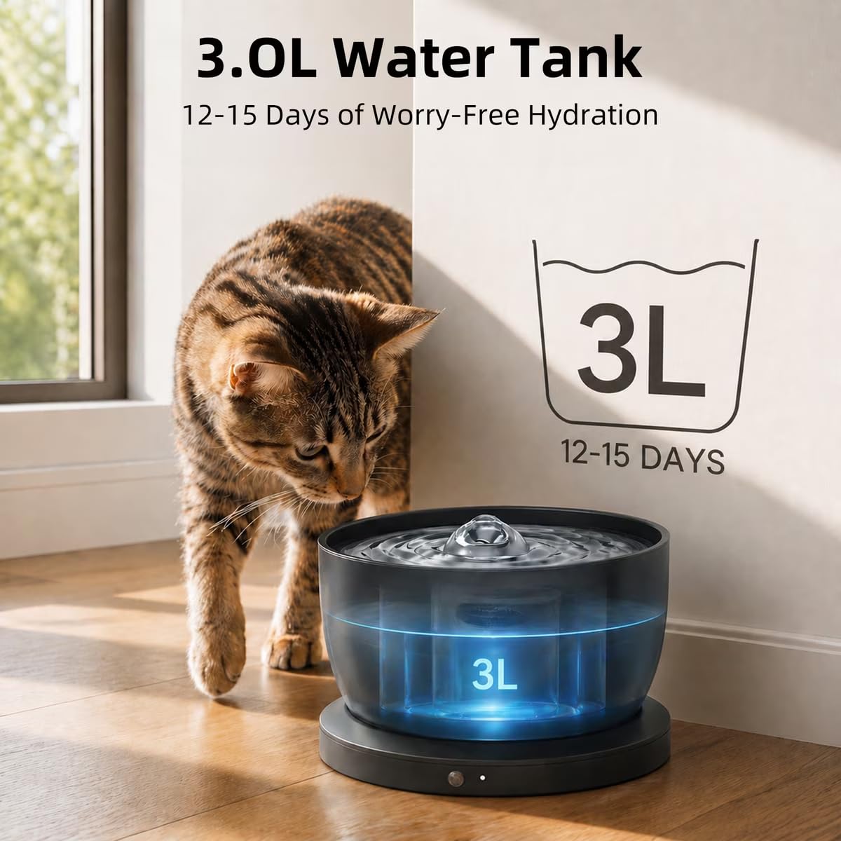 Casfuy W8LE - Fontana wireless per cani e gatti, con vassoio in acciaio inossidabile, 2,9 l, colore: nero