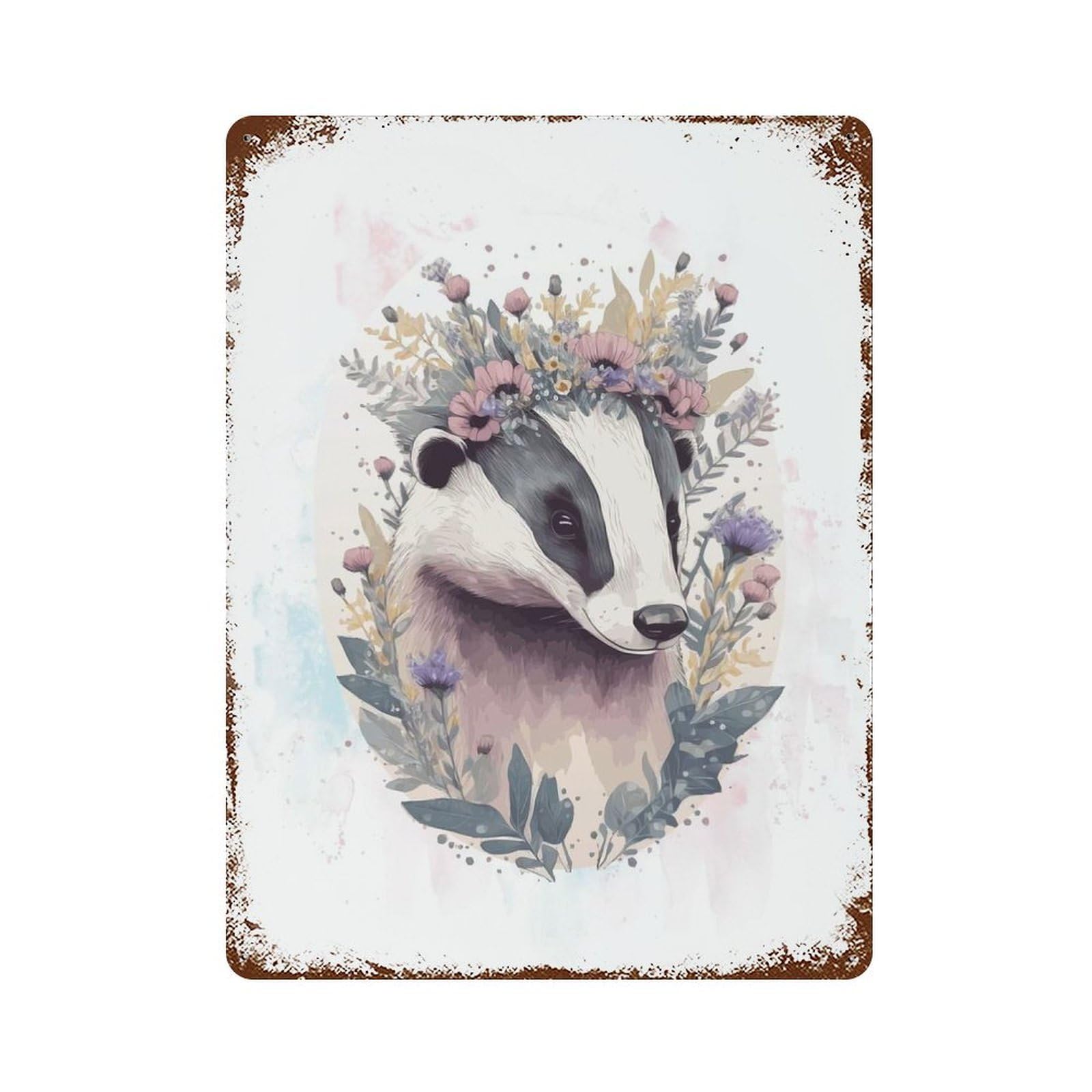 Floral Badger Painting Distressed Metal Wall Sign 15.7"x11.8", Rustic Home Decor for Living Room, Hallway And Home Decor