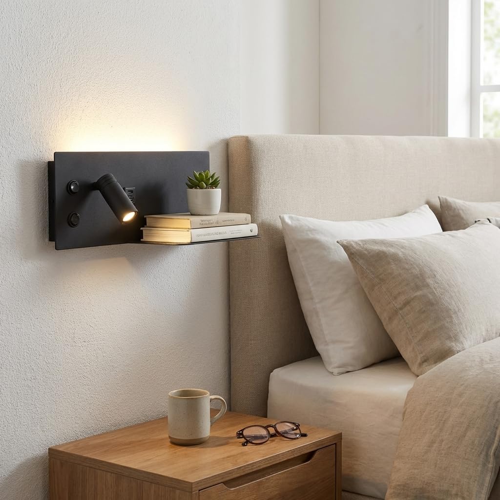 Alpinaluz Applique LED da Parete con Luce di Lettura Orientabile e Luce Ambientale 2700K, Interruttore Doppio, Doppia Porta di Ricarica USB, Mensola, Metallo con Effetto Legno
